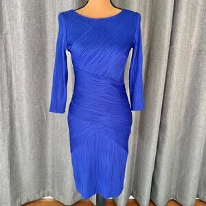 Joseph Ribkoff Blue Pleated Bodycon Dress Size 4 Sculpted Midi Cocktail Dress